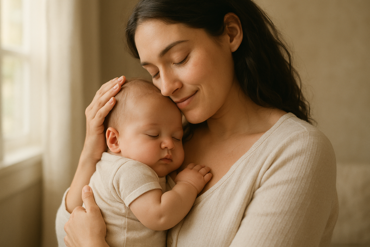 Show a mother holding her baby with love